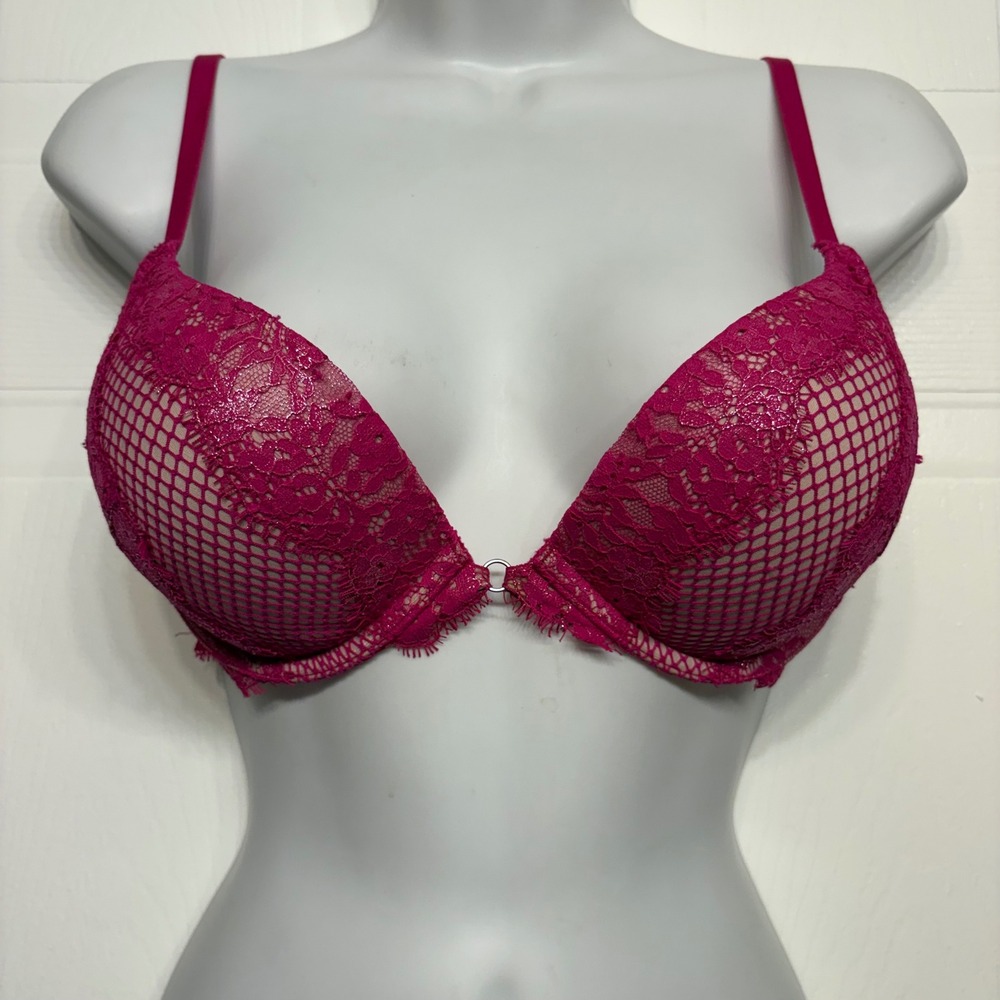 Victoria's Secret Bra Women 34B Pink Lace Fishnet Bombshell Plunge Super Push Up